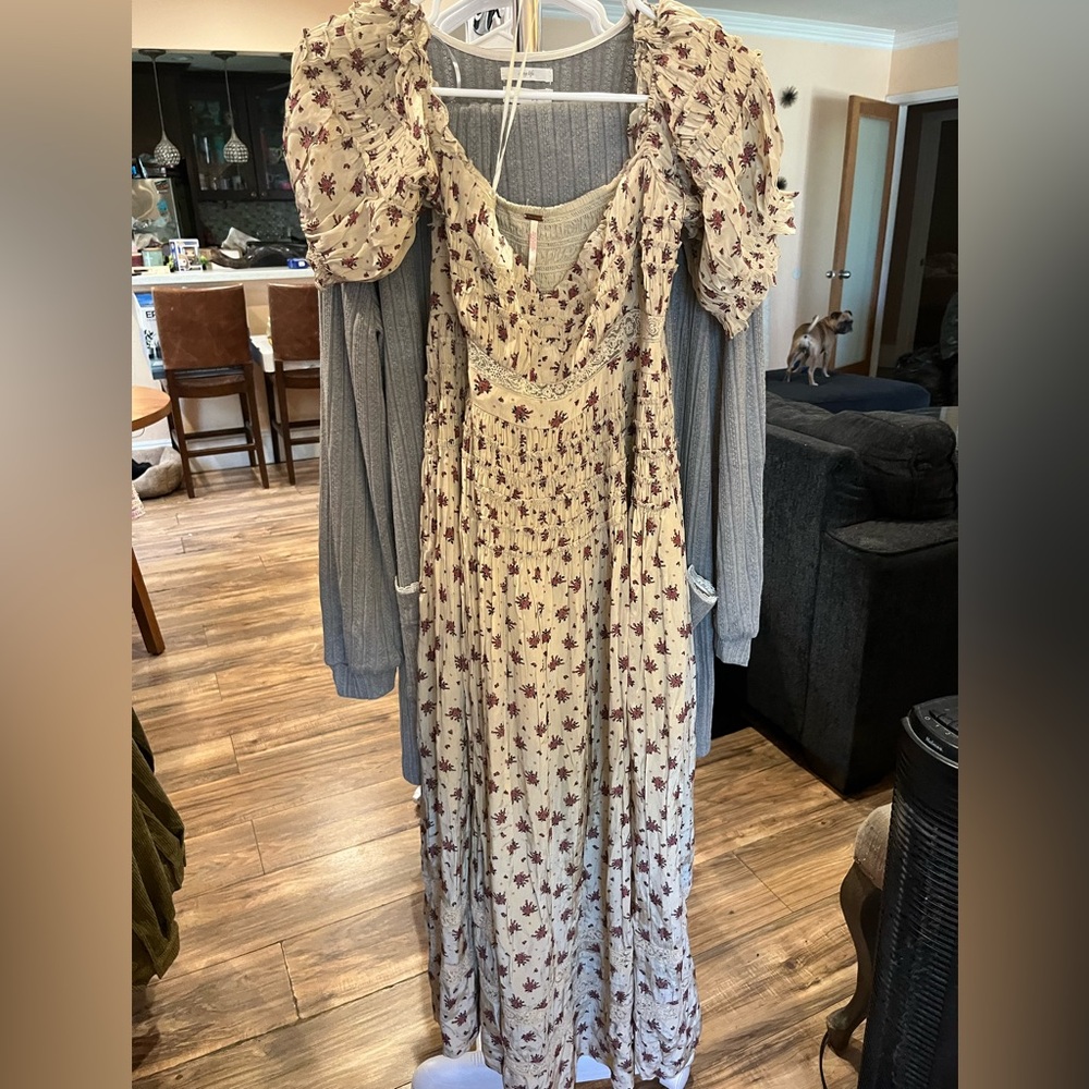 Free People Cream Maxi Dress with Burgundy Floral Print